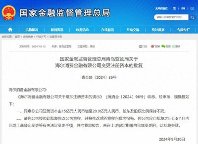 海尔消费金融增资获批!注册资本达20.9亿元